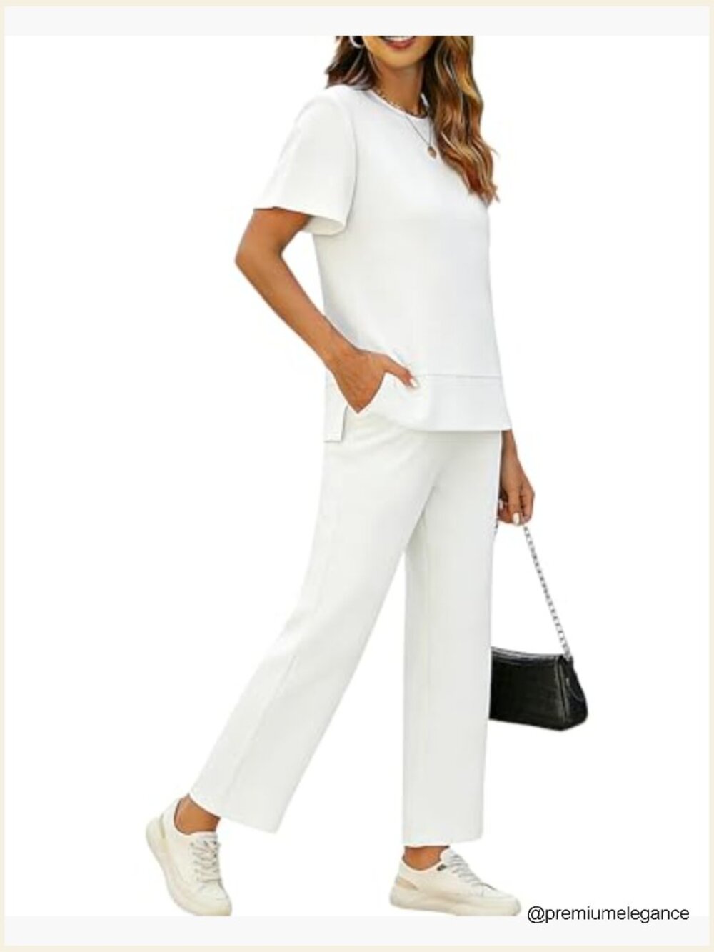 Casual 2 Piece Set for Women - Long Sleeve Side Slit Top & Pants - Picture 3 of 7